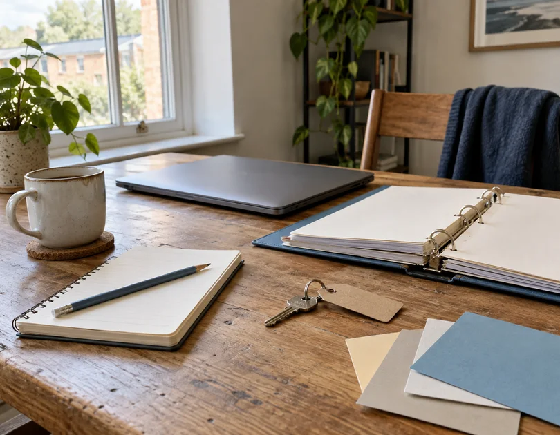 A binder of blank handover notes, keys, a notebook, tea and a closed laptop on a wooden table.