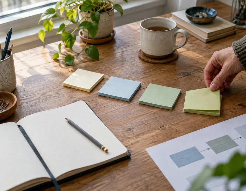 Four blank sticky-note stacks arranged in sequence on a wooden desk beside a notebook, tea and a hand placing a note.