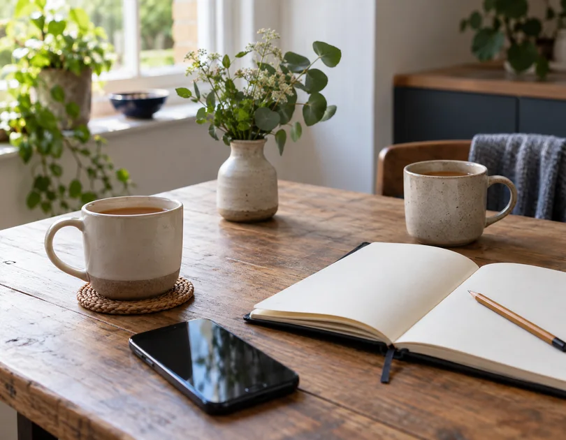 Two mugs of tea, an open blank notebook and a phone on a wooden table near a window.