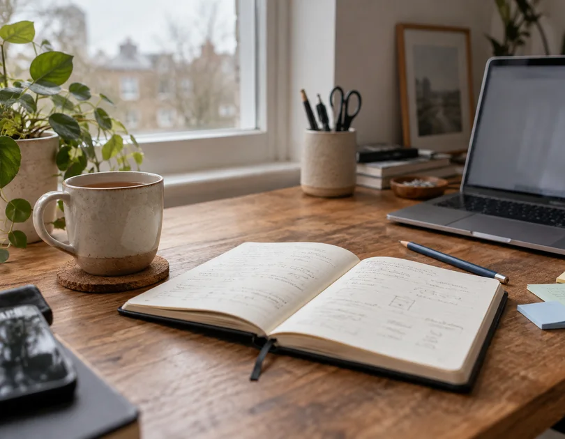 A notebook, tea, laptop and notes on a wooden desk beside a softly lit window.