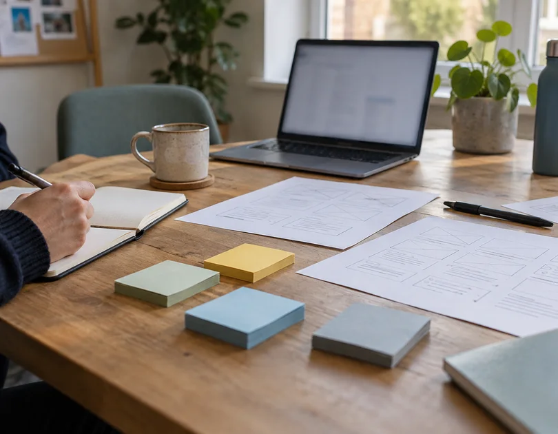 A hand writing in a notebook beside wireframe sheets, sticky notes, a mug and a laptop.
